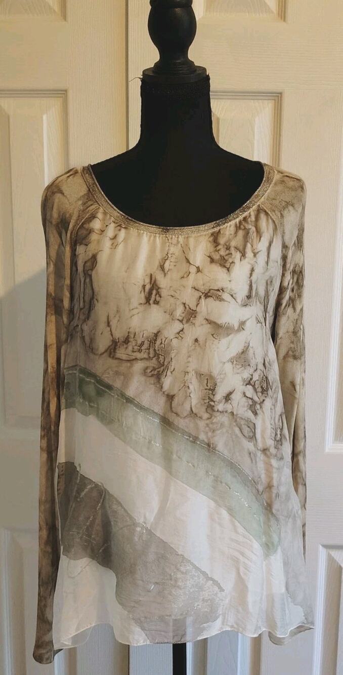 Belle France Silk Blend Metallic Trim Layered Tunic Top Earthy Marble Print M/L